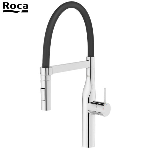 ROCA A5A884DC00 GLERA PRO - Mitigeur évier douchette extractible, Bec tube noir, Corps chromé.