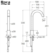 ROCA A5A3743C00 LOFT-E  ROBINET ÉLECTRONIQUE BEC HAUT - EAU MITIGÉE - ALIMENTATION PAR PILES.