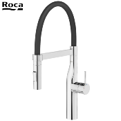 ROCA A5A884DC00 GLERA PRO - Mitigeur vier douchette extractible, Bec tube noir, Corps chrom.